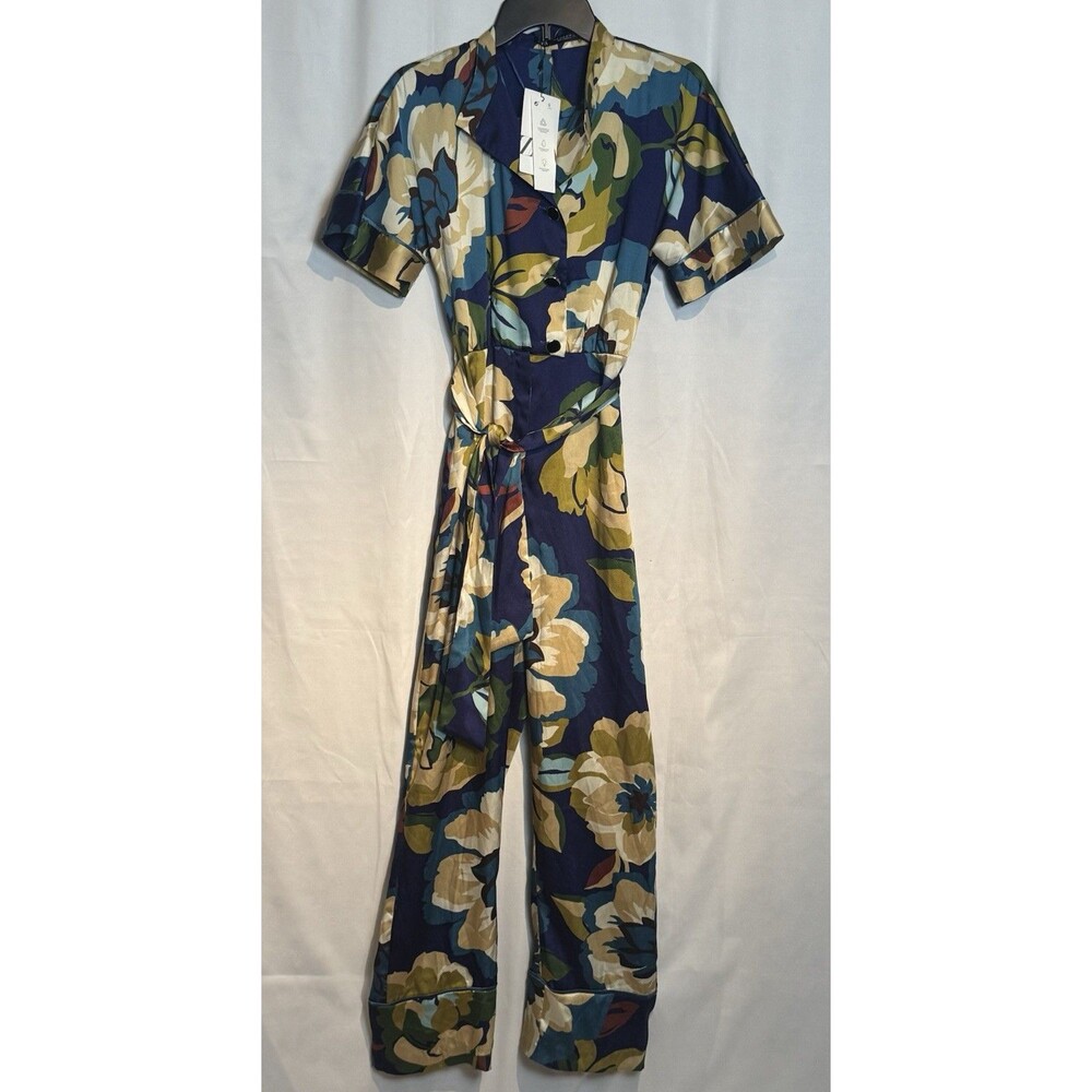 ZARA Women Blue Multicolored Floral Print Short Sleeve Belted Jumpsuit Sz XS NWT